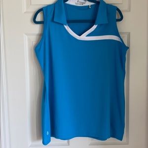 Blue sleeveless golf top with color